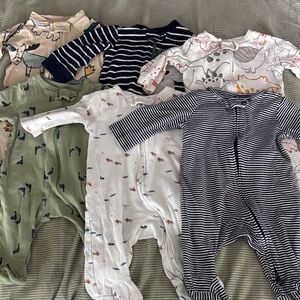 Set of 6 0-3 month onesies, dinosaur stripe animal